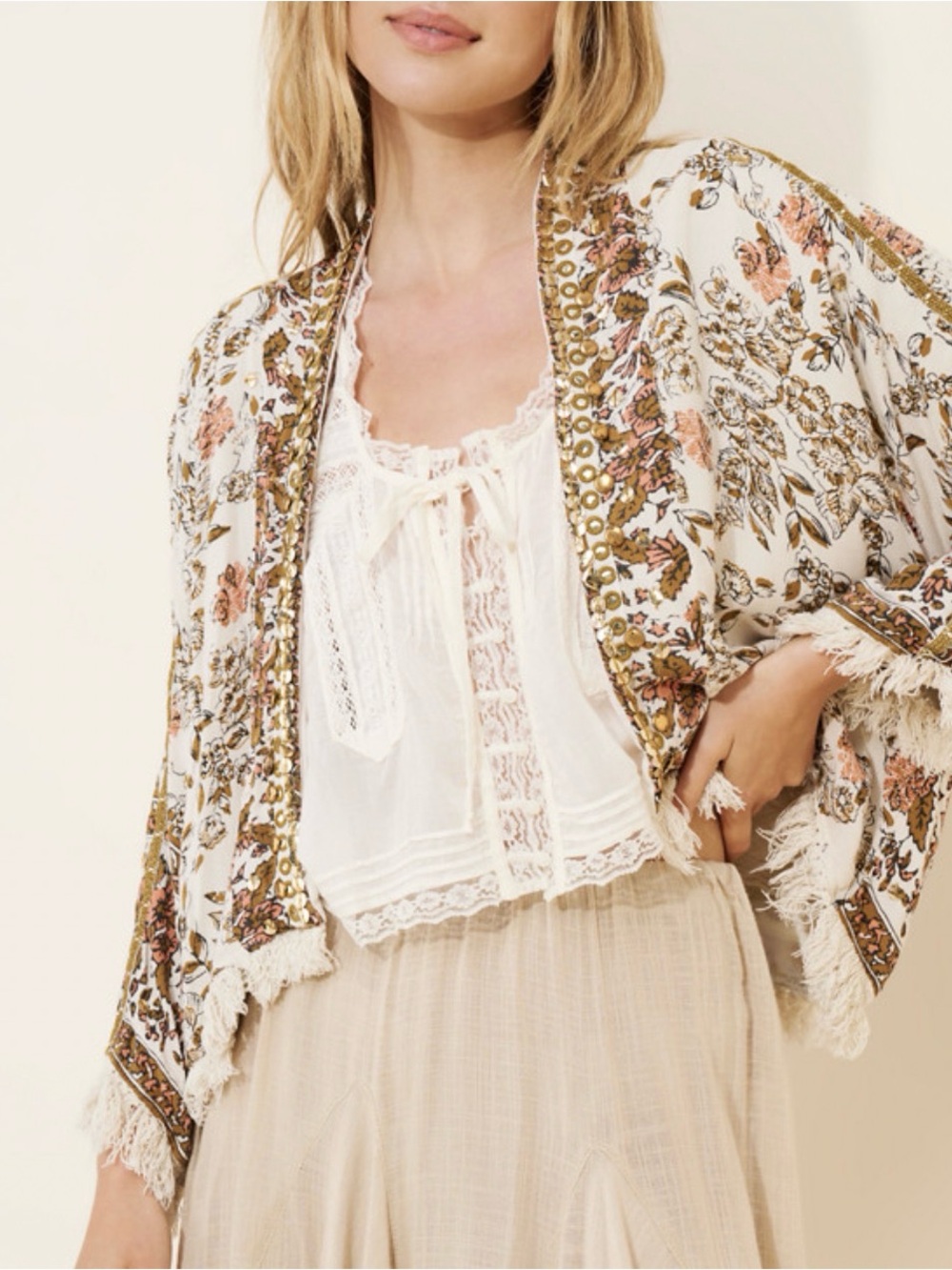 Free People Rays of Light Lined Duster with Gold Sequin & Fringe